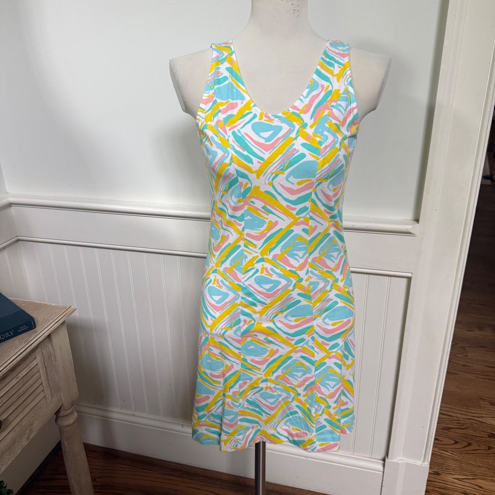 Lauren James Womens Sm Yellow Pink Abstract Geometric Cotton V-Neck Mini Dress